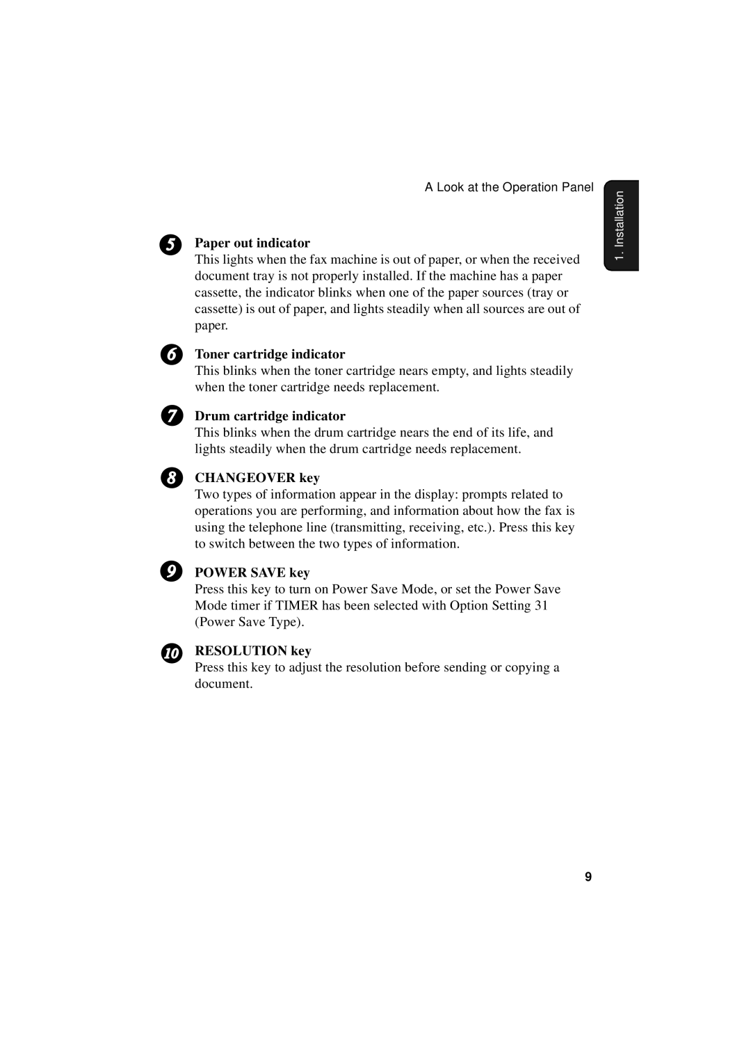 Sharp FO-5550 Paper out indicator, Toner cartridge indicator, Drum cartridge indicator, Changeover key, Power Save key 