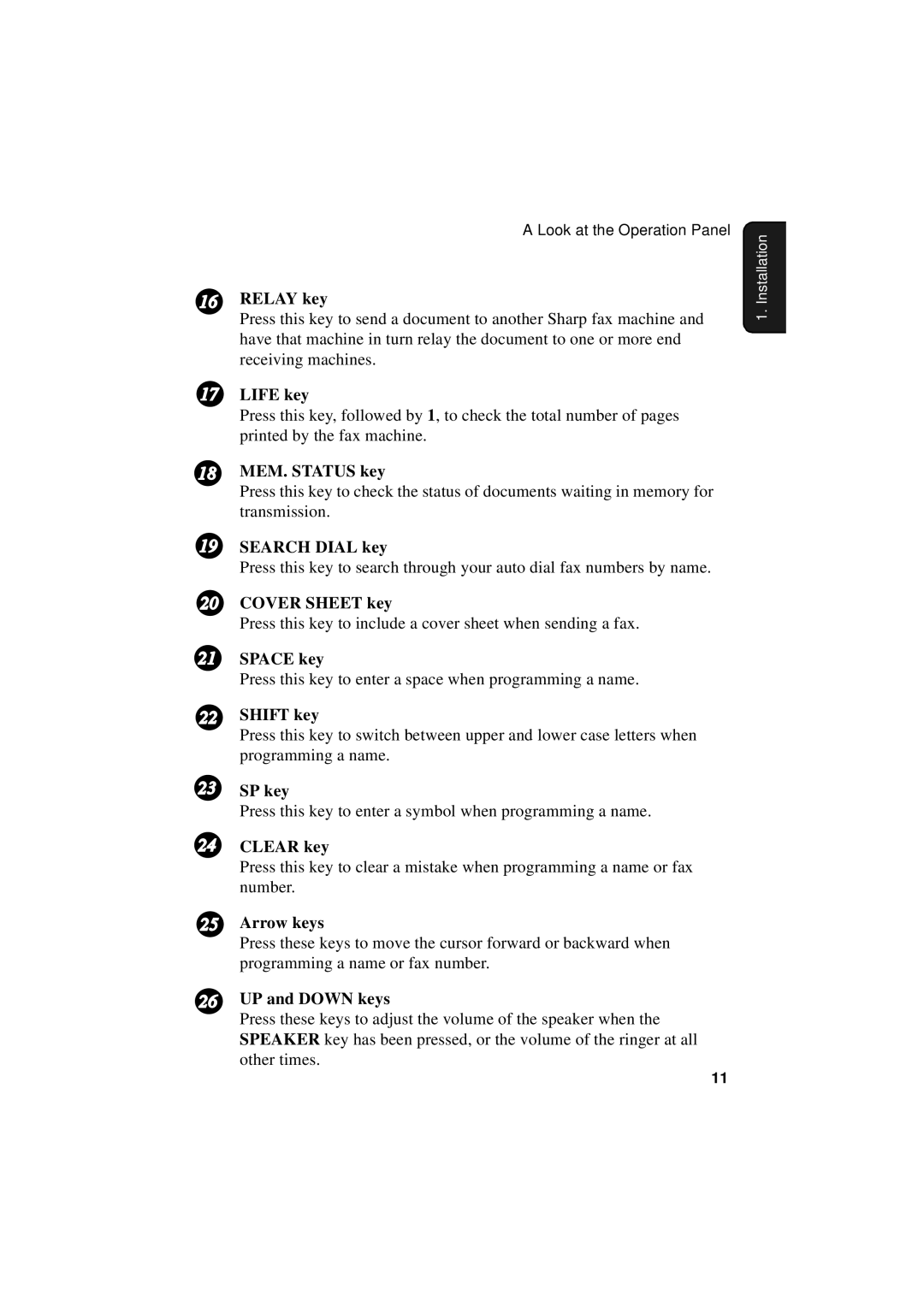 Sharp FO-4700 Relay key, Life key, 18 MEM. Status key, Search Dial key, Cover Sheet key, Space key, Shift key, SP key 