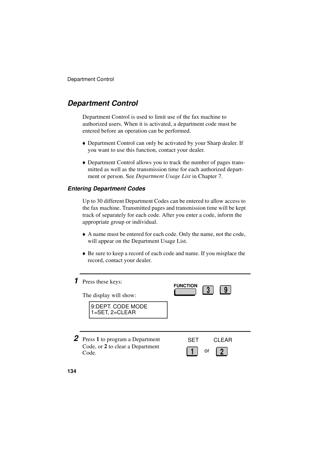 Sharp FO-4700, FO-5700, FO-5550 Department Control, Entering Department Codes, 9DEPT. Code Mode 1=SET, 2=CLEAR 