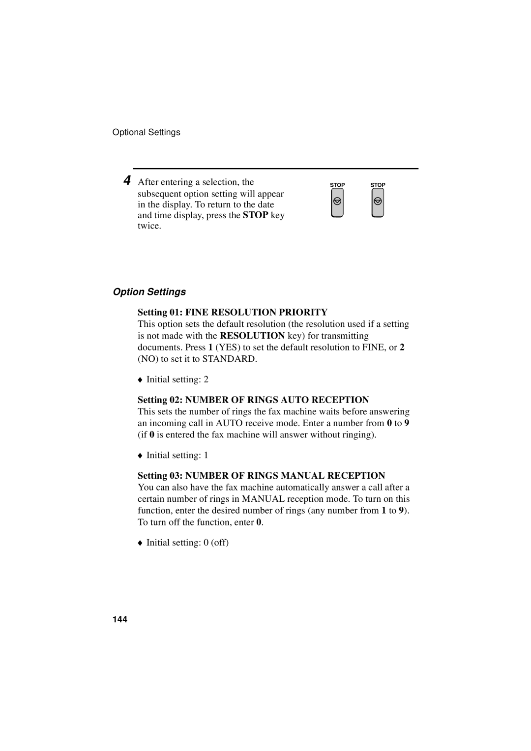 Sharp FO-5550, FO-5700 Option Settings, Setting 01 Fine Resolution Priority, Setting 02 Number of Rings Auto Reception 