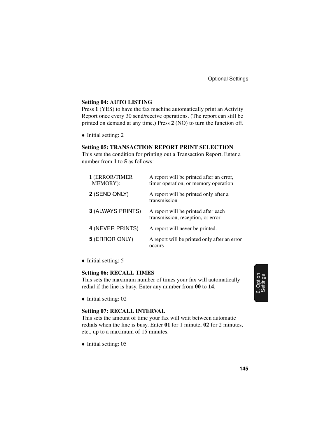 Sharp FO-5700, FO-4700 Setting 04 Auto Listing, Setting 05 Transaction Report Print Selection, Setting 06 Recall Times 