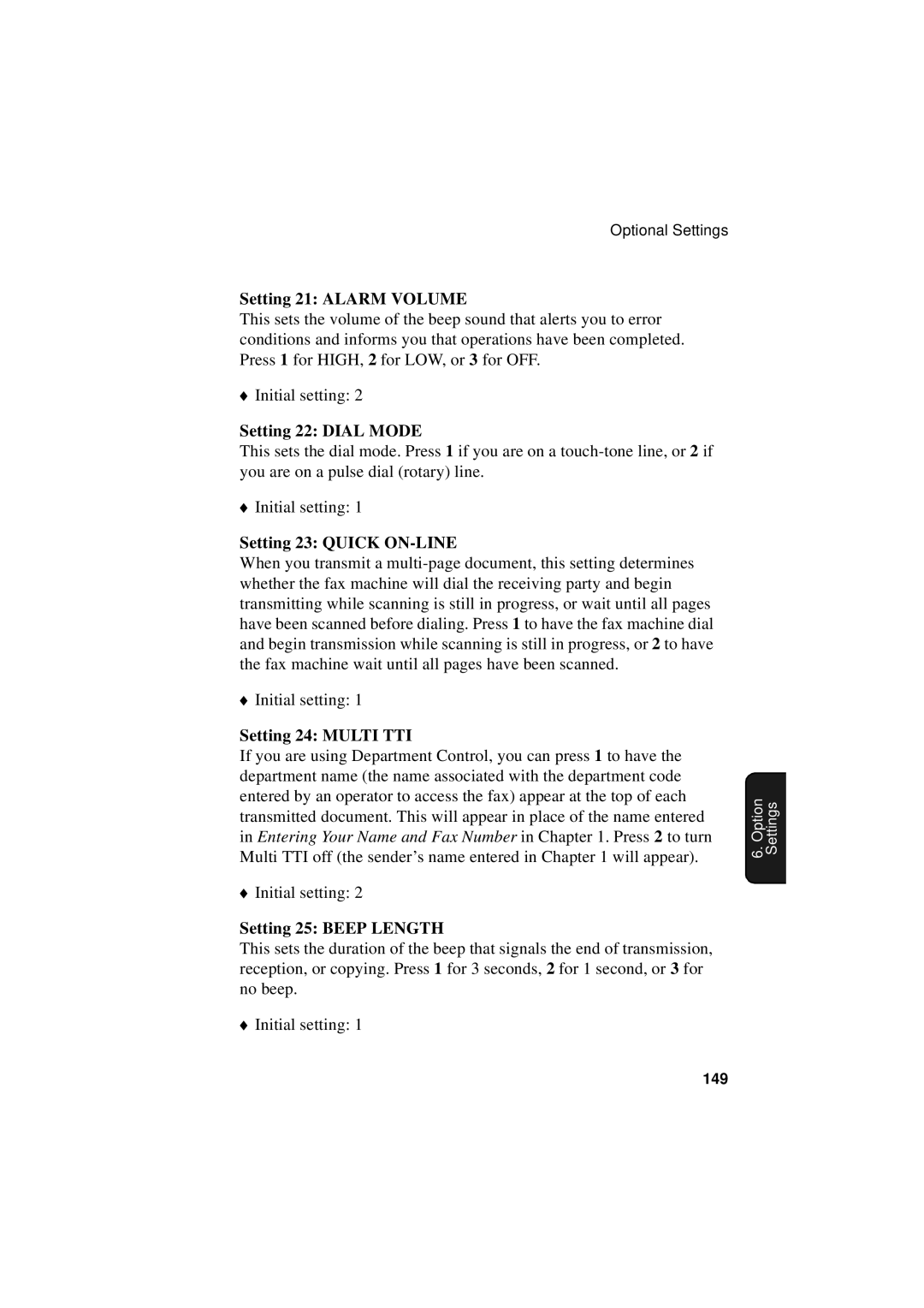 Sharp FO-4700, FO-5700 Setting 21 Alarm Volume, Setting 22 Dial Mode, Setting 23 Quick ON-LINE, Setting 24 Multi TTI 