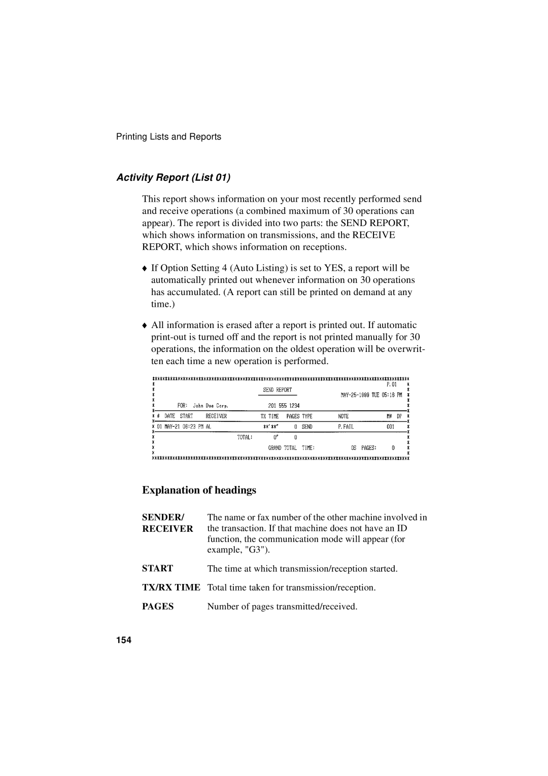 Sharp FO-5700, FO-4700, FO-5550 operation manual Explanation of headings, Activity Report List 