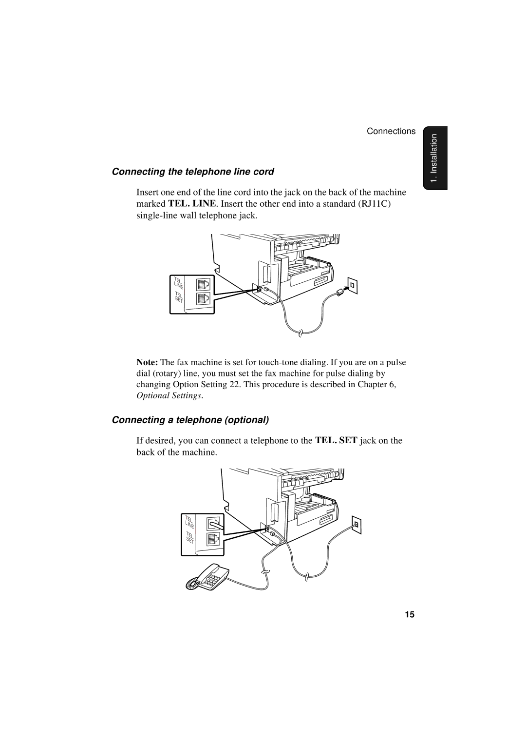 Sharp FO-5550, FO-5700, FO-4700 operation manual Connecting the telephone line cord, Connecting a telephone optional 