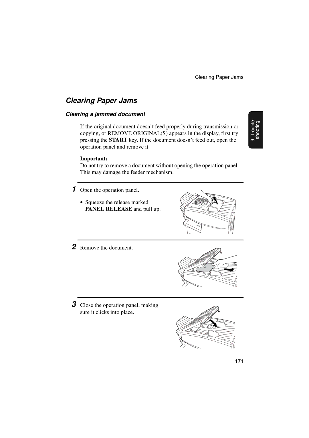 Sharp FO-5550, FO-5700, FO-4700 operation manual Clearing Paper Jams, Clearing a jammed document 