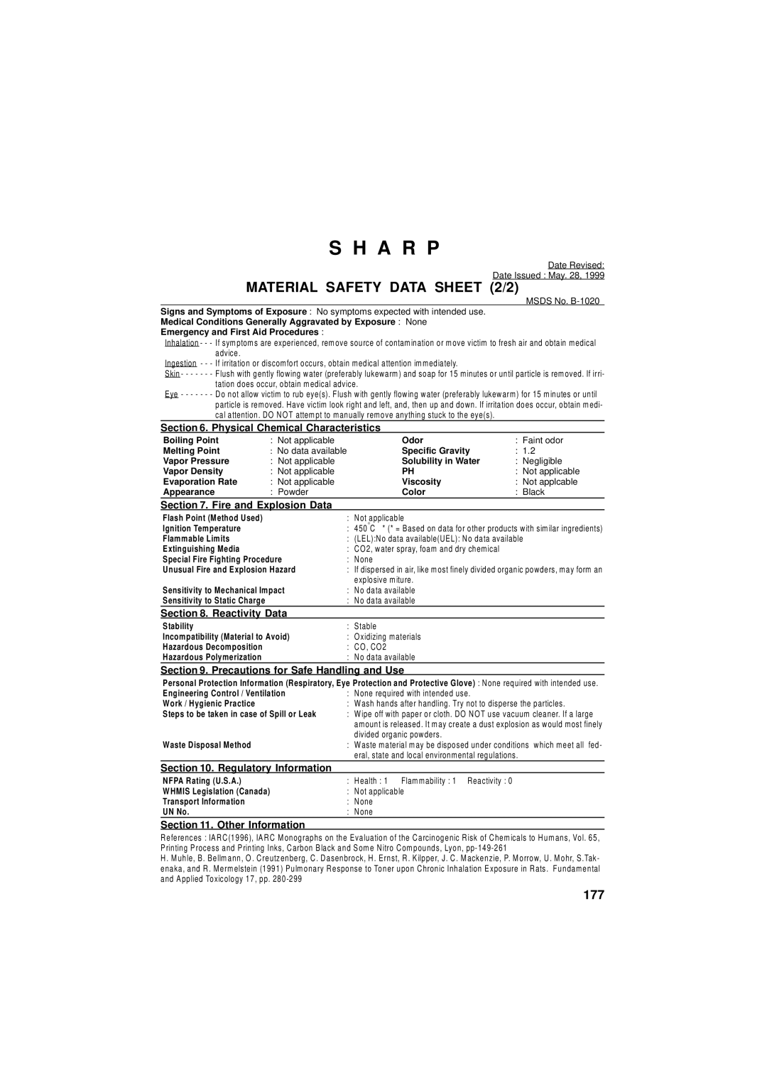 Sharp FO-5550, FO-5700, FO-4700 operation manual Material Safety Data Sheet 2/2 