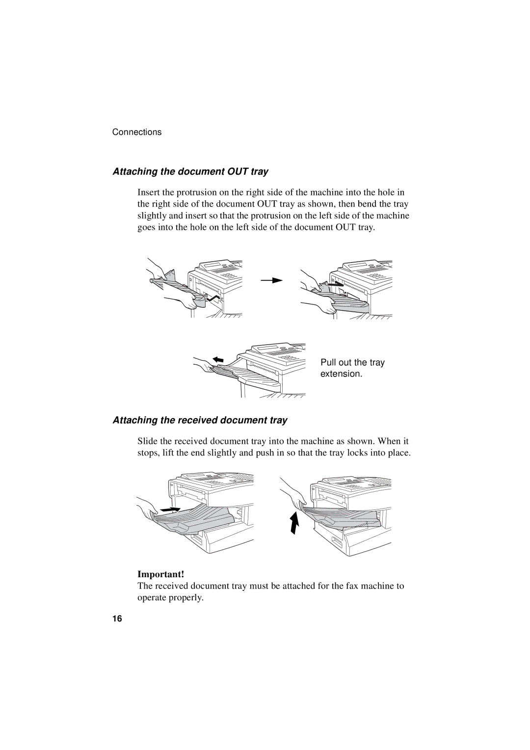 Sharp FO-5700, FO-4700 Attaching the document OUT tray, Pull out the tray extension, Attaching the received document tray 