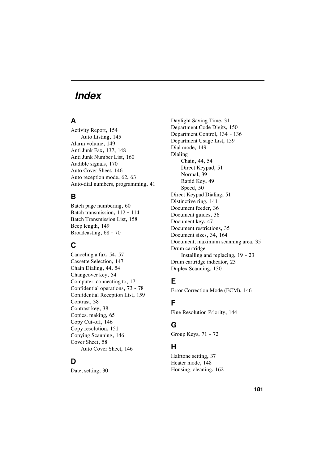 Sharp FO-5700, FO-4700, FO-5550 operation manual Index 