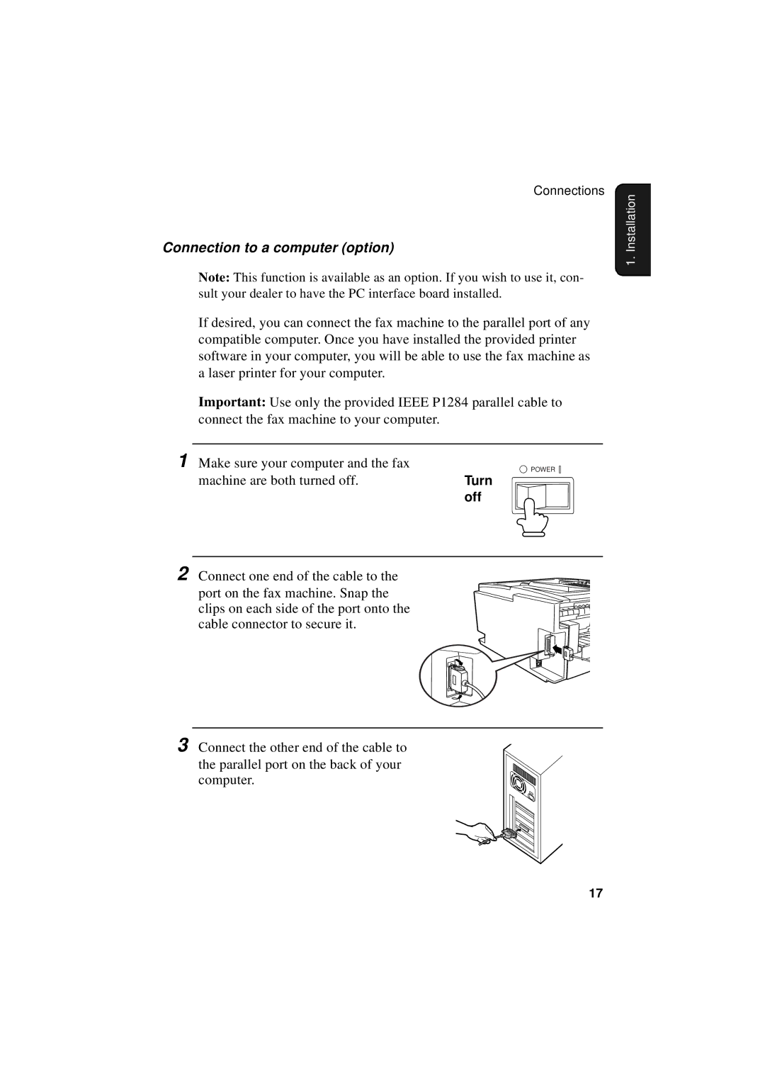 Sharp FO-4700, FO-5700, FO-5550 operation manual Connection to a computer option, Turn Off 