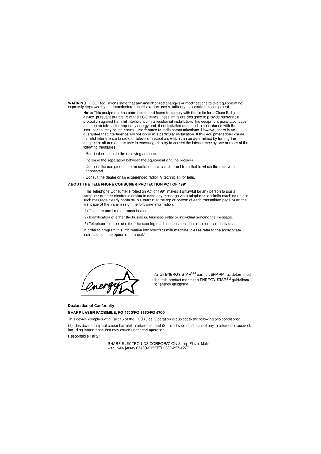 Sharp FO-5550, FO-5700, FO-4700 operation manual About the Telephone Consumer Protection ACT 