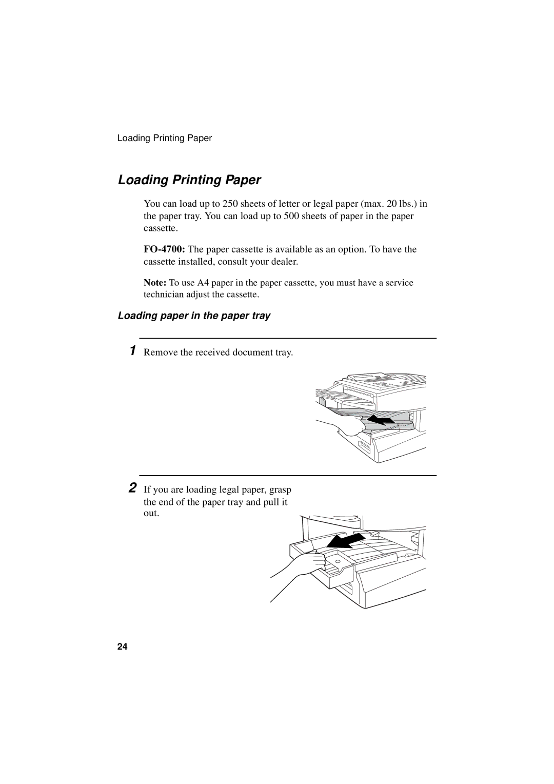 Sharp FO-5550, FO-5700, FO-4700 operation manual Loading Printing Paper, Loading paper in the paper tray 