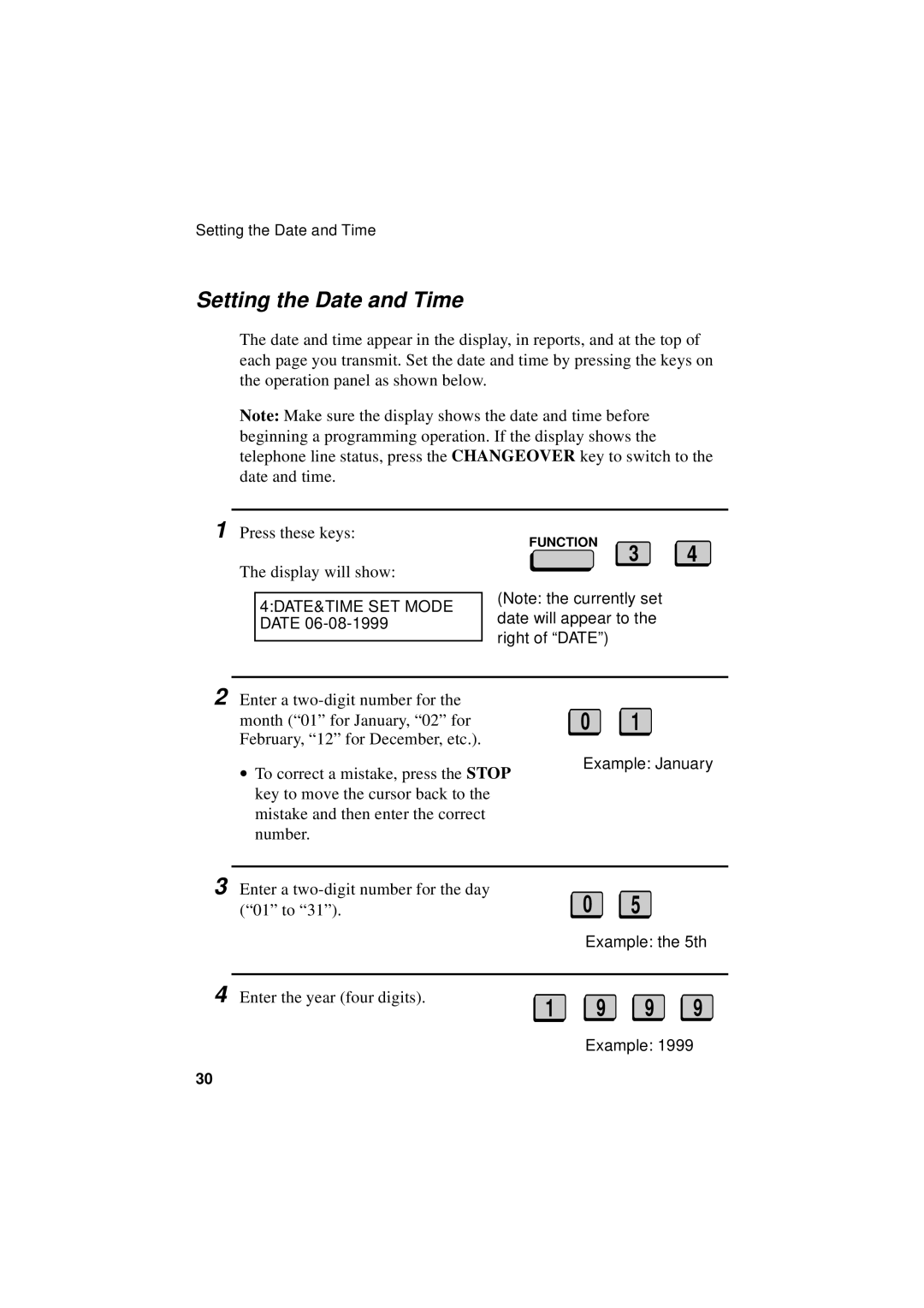 Sharp FO-5550, FO-5700, FO-4700 Setting the Date and Time, 4DATE&TIME SET Mode Date, Example January, Example the 5th 