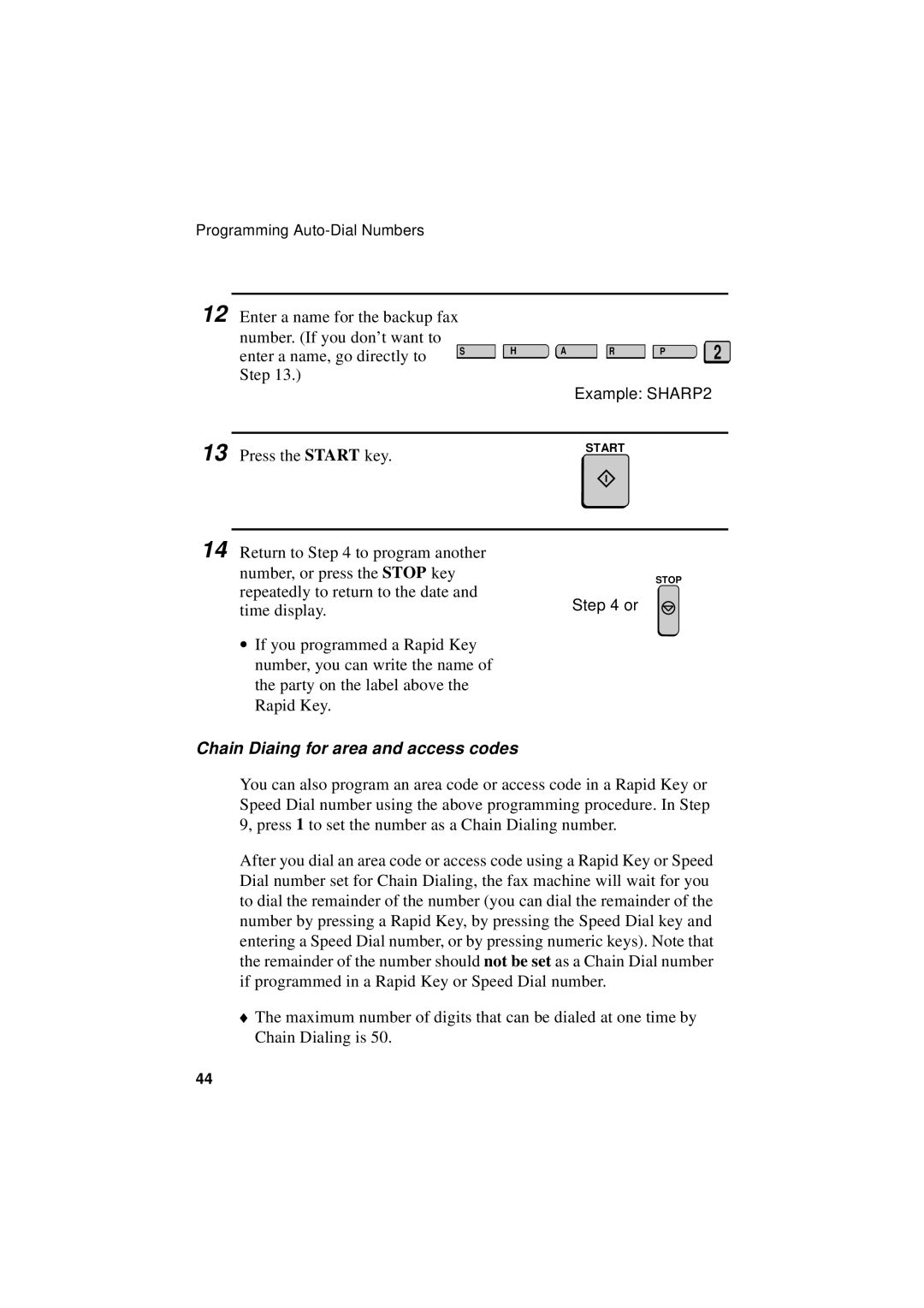 Sharp FO-4700, FO-5700, FO-5550 Enter a name, go directly to, Example SHARP2, Chain Diaing for area and access codes 