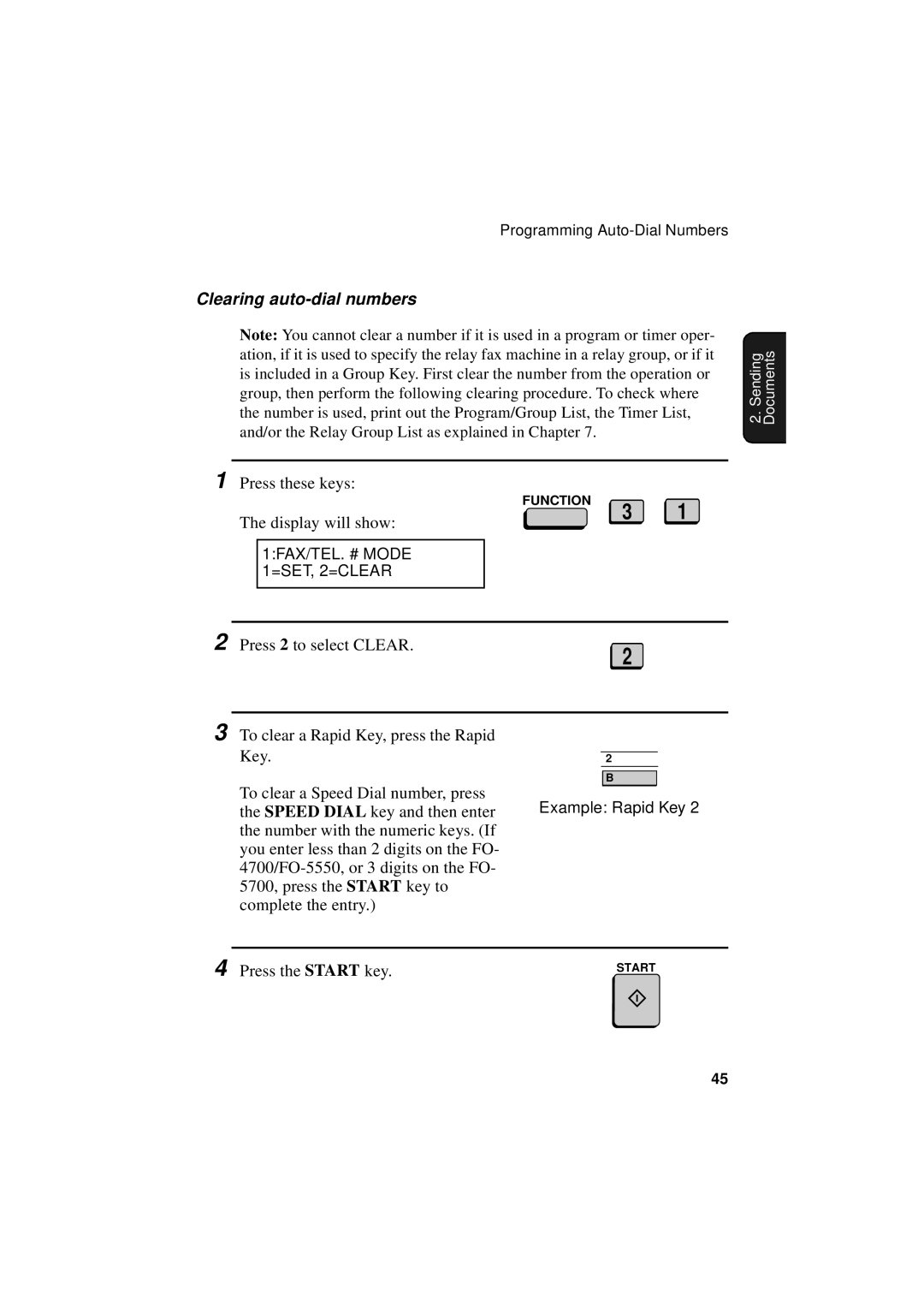 Sharp FO-5550, FO-5700, FO-4700 operation manual Clearing auto-dial numbers, 1FAX/TEL. # Mode =SET, 2=CLEAR, Key 