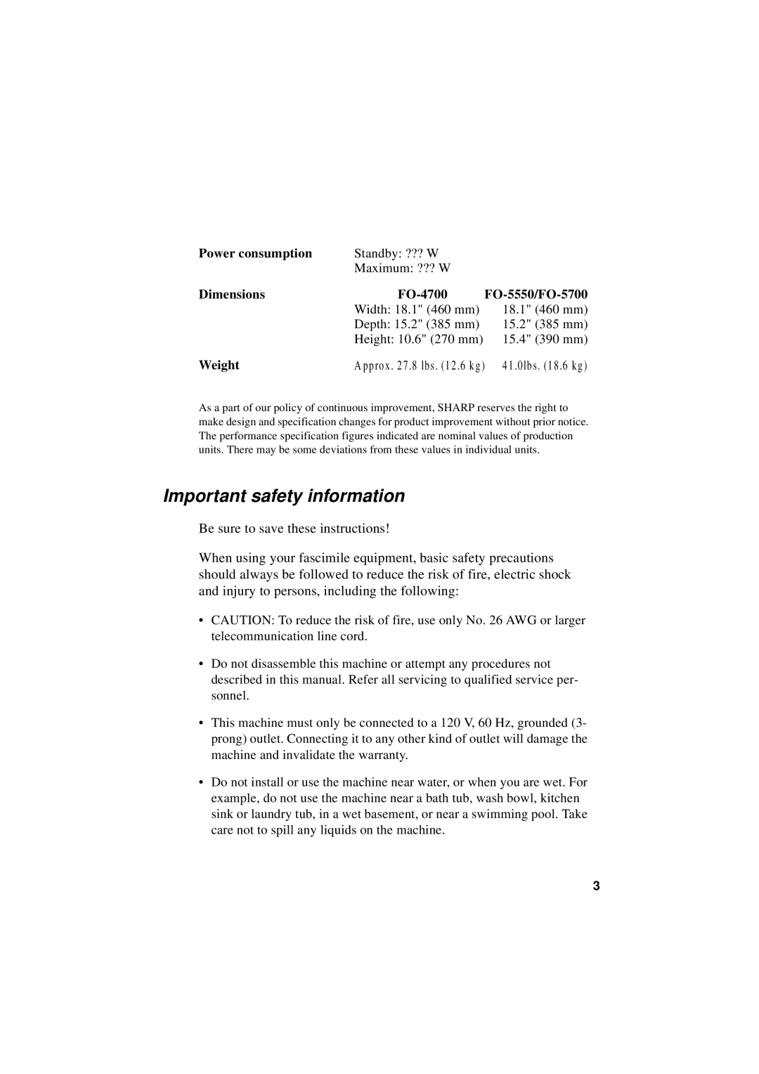 Sharp operation manual Important safety information, Power consumption, Dimensions FO-4700 FO-5550/FO-5700, Weight 