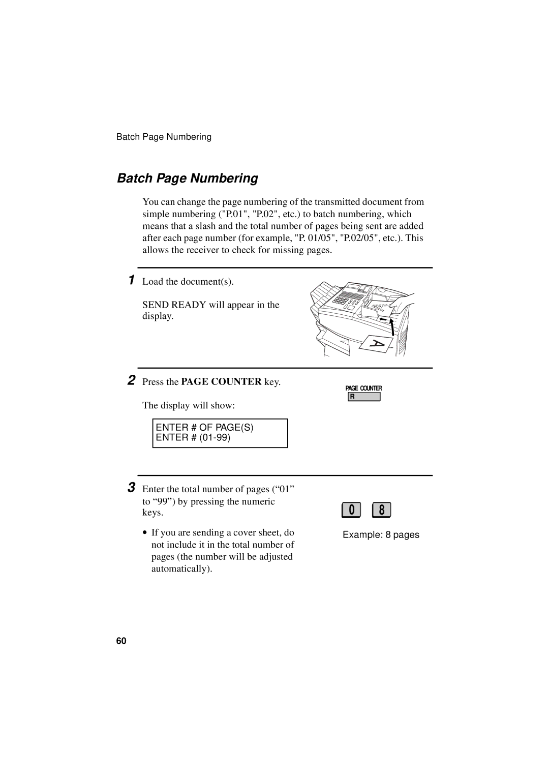 Sharp FO-5550, FO-5700, FO-4700 operation manual Batch Page Numbering, Enter # of Pages, Example 8 pages 