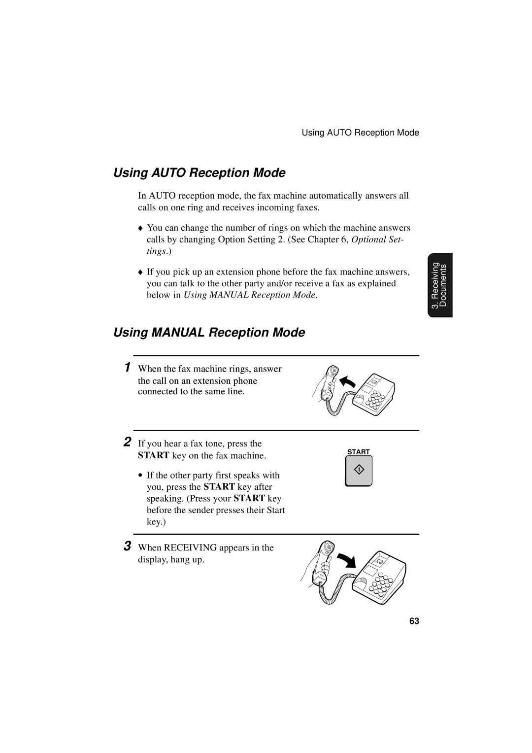 Sharp FO-5550, FO-5700, FO-4700 Using Auto Reception Mode, Using Manual Reception Mode, Start key on the fax machine 