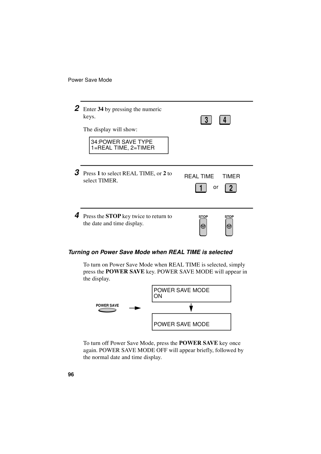 Sharp FO-5550, FO-5700, FO-4700 operation manual 34POWER Save Type 1=REAL TIME, 2=TIMER, Real Time Timer, Power Save Mode 