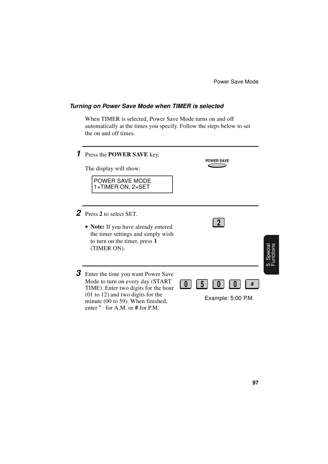 Sharp FO-5700 Turning on Power Save Mode when Timer is selected, Power Save Mode 1=TIMER ON, 2=SET, Example 500 P.M 