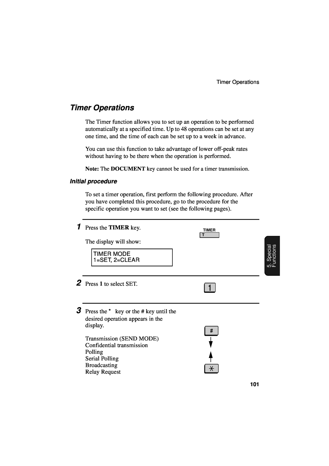 Sharp FO-4700, FO-5700, FO-5550 operation manual Timer Operations, Initial procedure 