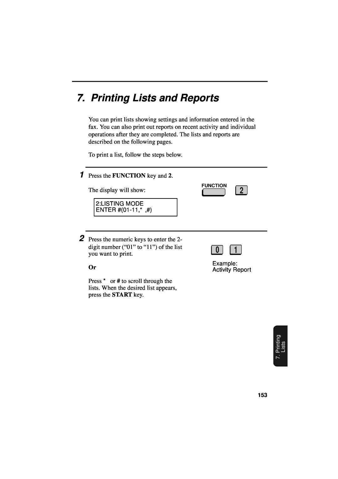 Sharp FO-5550, FO-5700, FO-4700 Printing Lists and Reports, 2LISTING MODE, ENTER #01-11, *,#, Example Activity Report 