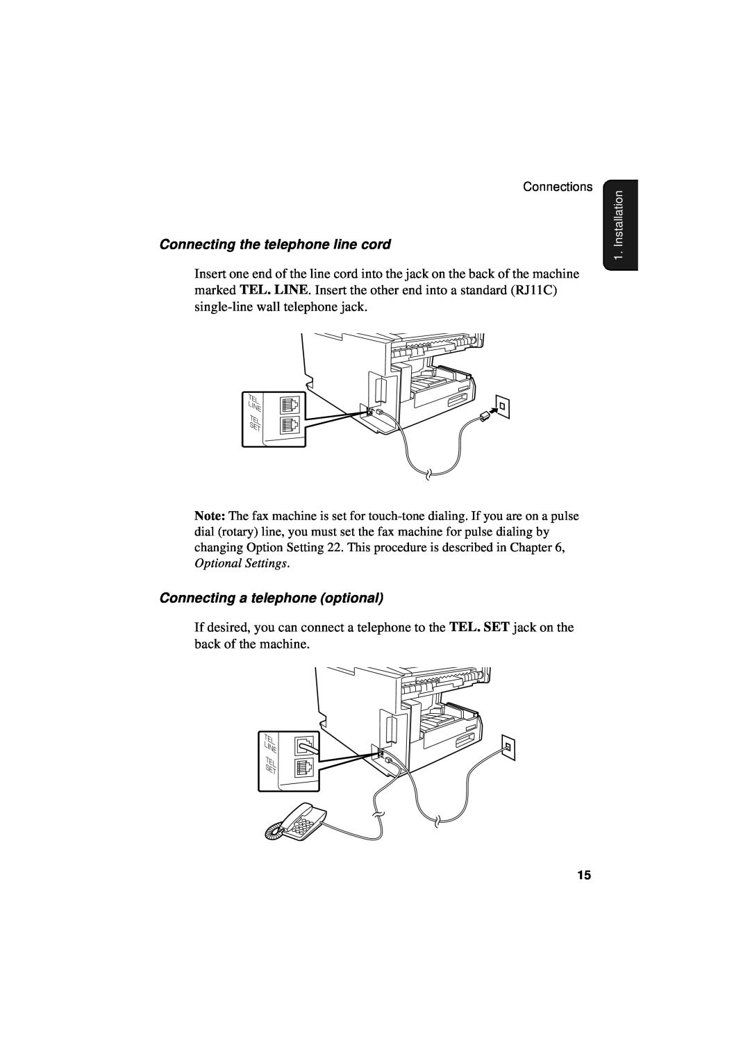 Sharp FO-5550, FO-5700, FO-4700 operation manual Connecting the telephone line cord, Connecting a telephone optional 
