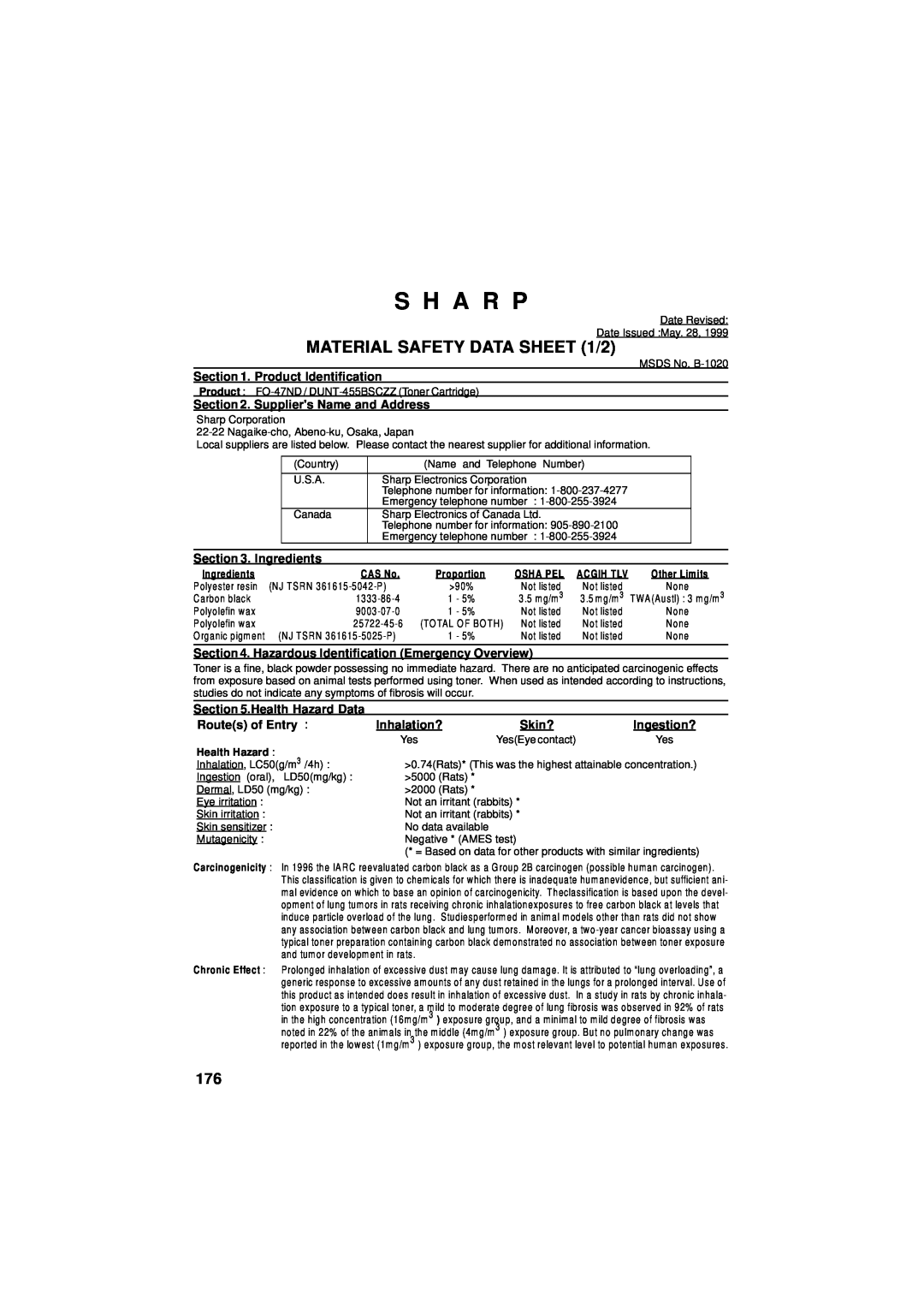 Sharp FO-4700 S H A R P, MATERIAL SAFETY DATA SHEET 1/2, Product Identification, Suppliers Name and Address, Ingredients 