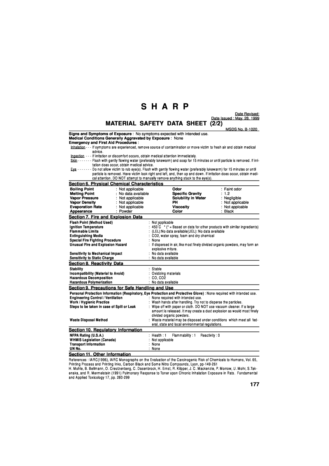 Sharp FO-5550 MATERIAL SAFETY DATA SHEET 2/2, S H A R P, Physical Chemical Characteristics, Fire and Explosion Data 