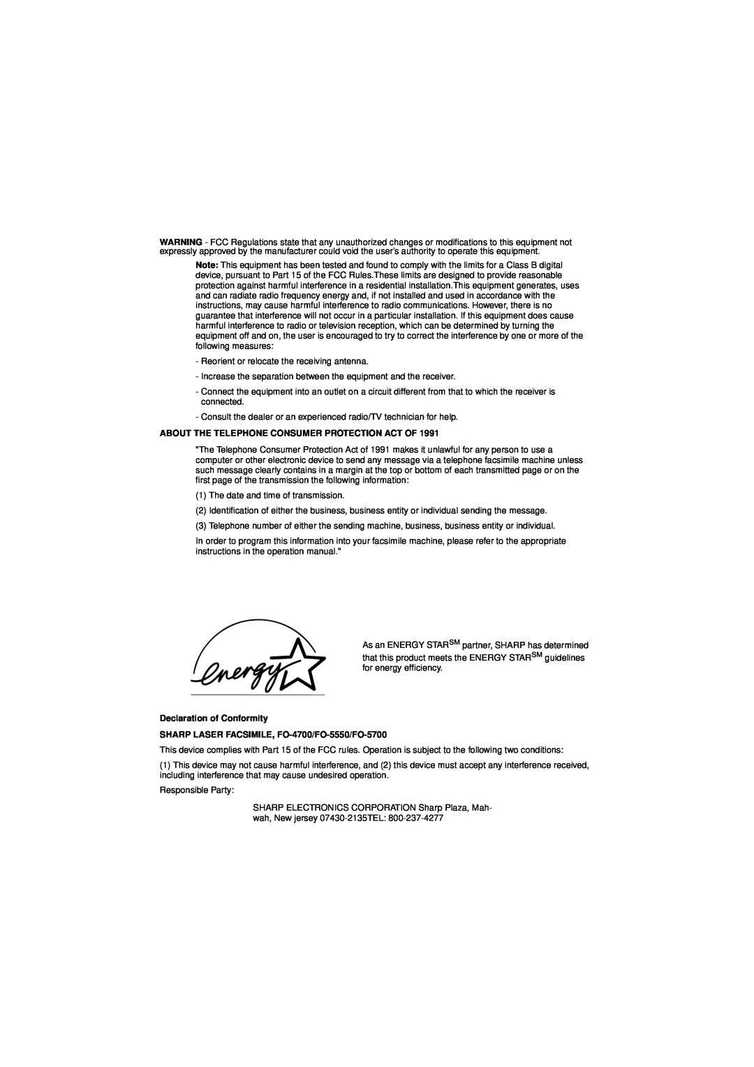 Sharp FO-5550, FO-5700, FO-4700 operation manual About The Telephone Consumer Protection Act Of, Declaration of Conformity 