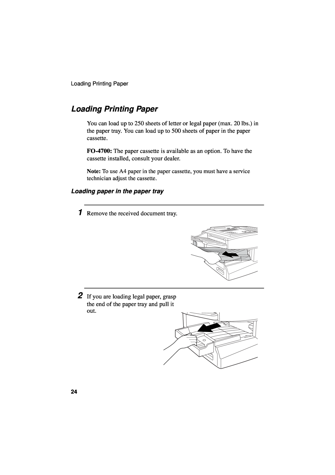 Sharp FO-5550, FO-5700, FO-4700 operation manual Loading Printing Paper, Loading paper in the paper tray 
