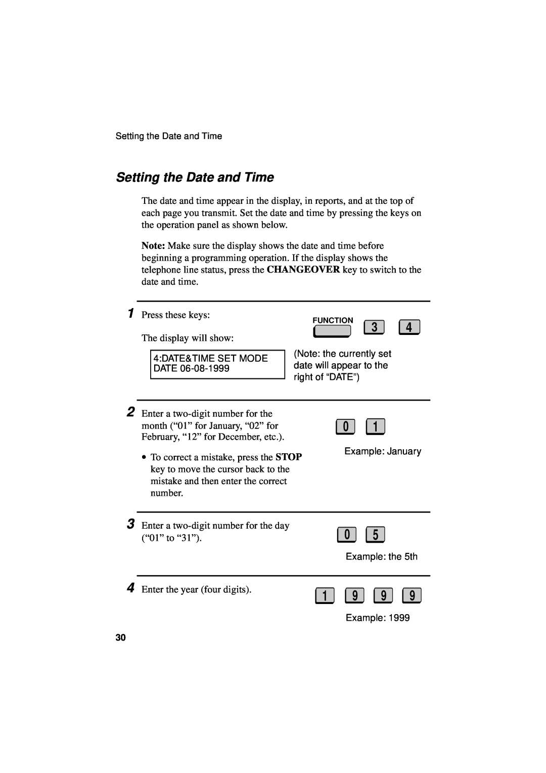 Sharp FO-5550, FO-5700, FO-4700 operation manual 1 9 9, Setting the Date and Time 