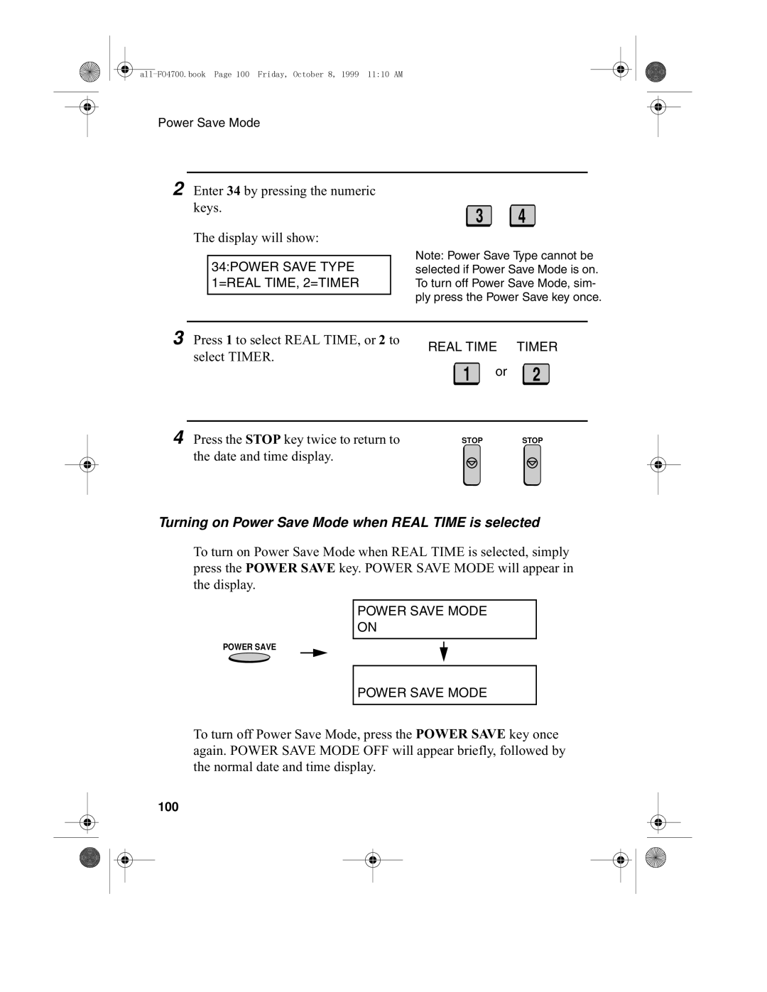 Sharp FO-4700, FO-5700 operation manual Turning on Power Save Mode when Real Time is selected, 100 