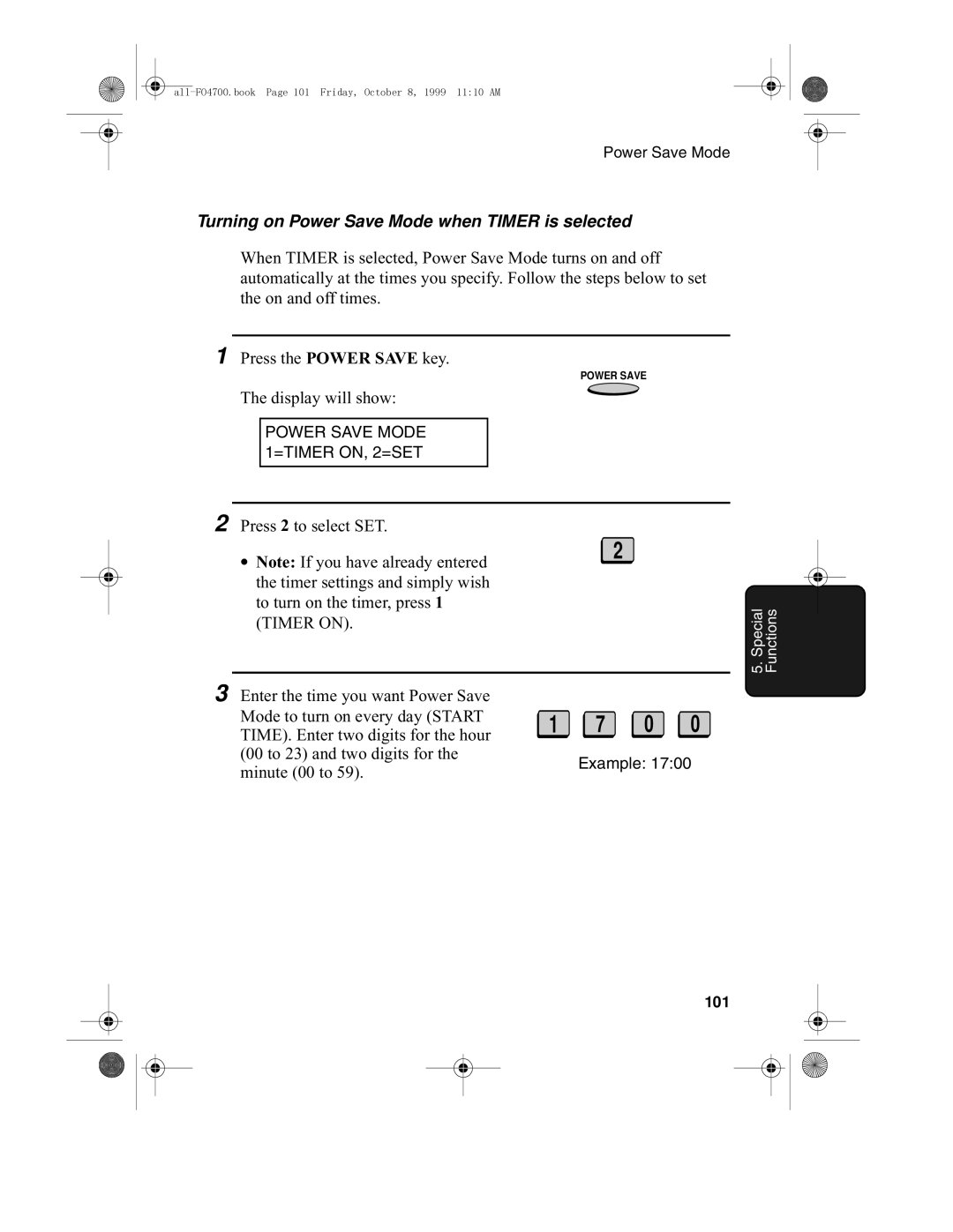 Sharp FO-5700, FO-4700 operation manual Turning on Power Save Mode when Timer is selected, 101 