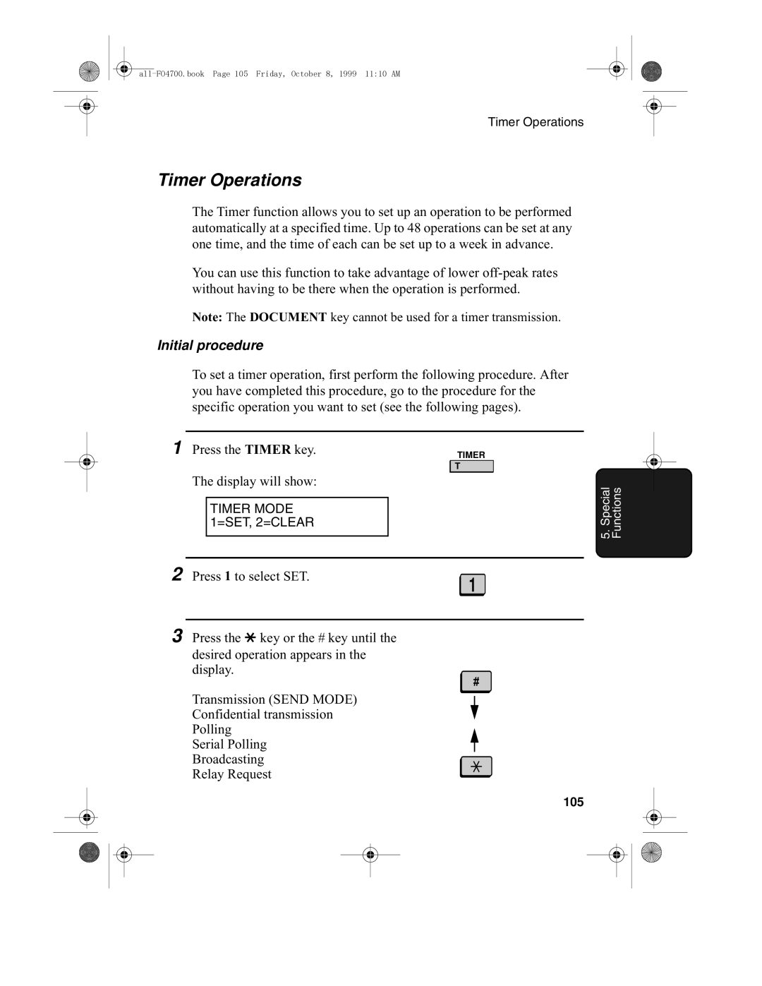 Sharp FO-5700, FO-4700 operation manual Timer Operations, Initial procedure, 105 