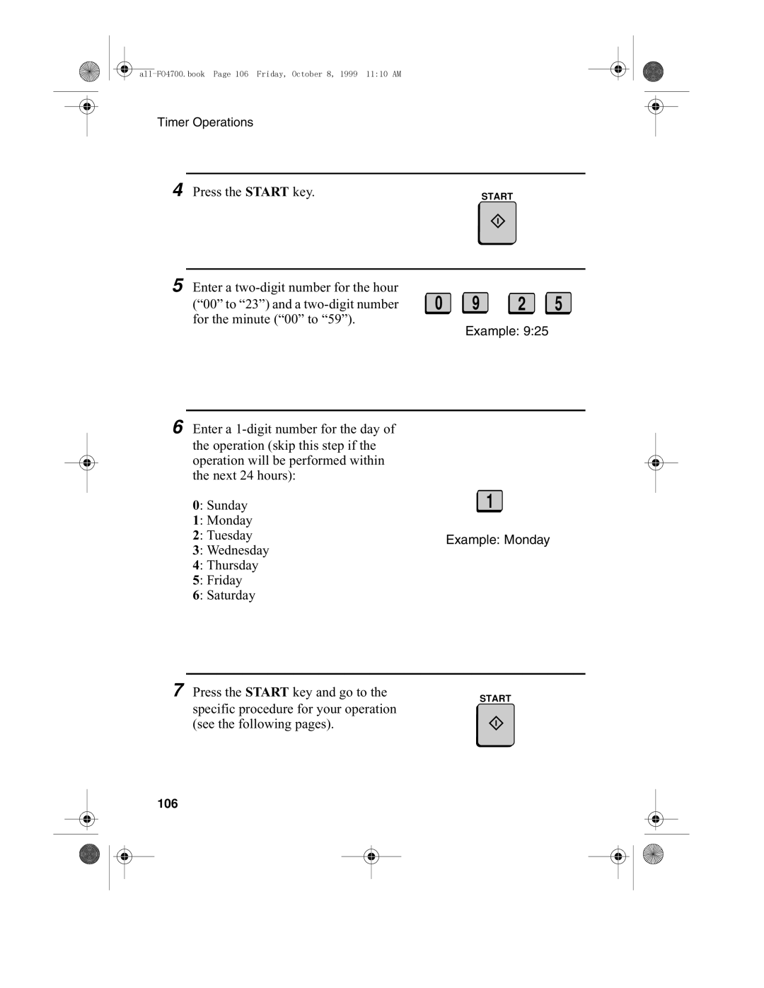 Sharp FO-4700, FO-5700 operation manual Sunday Monday Tuesday, Wednesday, Thursday Friday Saturday, 106 