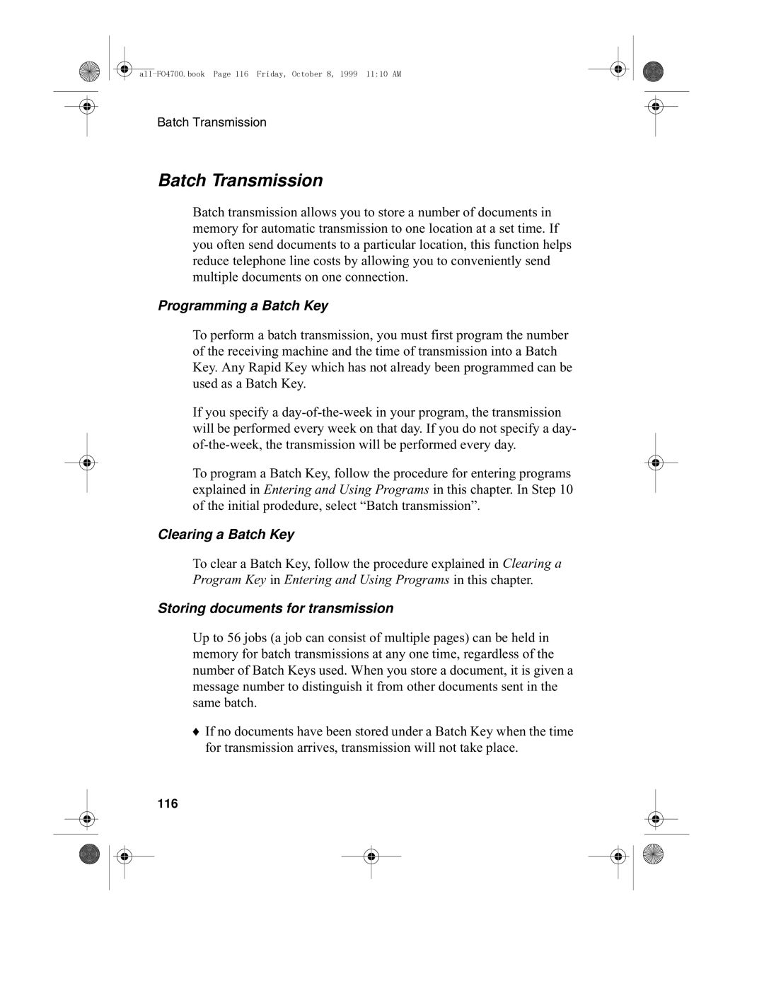 Sharp FO-4700 Batch Transmission, Programming a Batch Key, Clearing a Batch Key, Storing documents for transmission, 116 