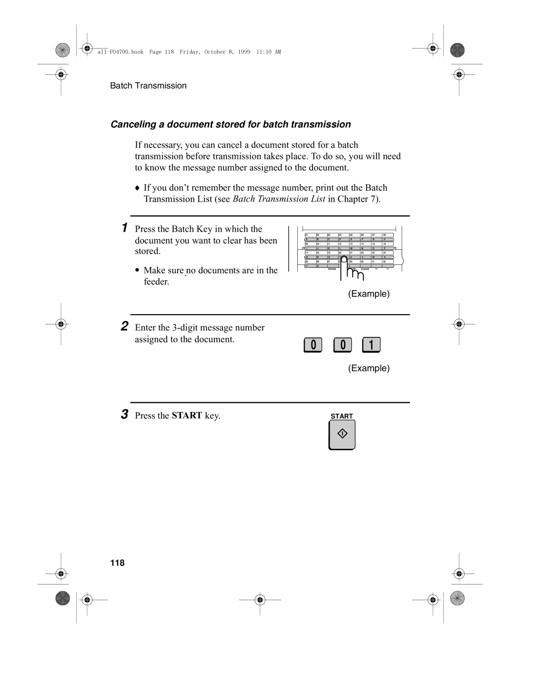 Sharp FO-4700, FO-5700 operation manual Canceling a document stored for batch transmission, 118 