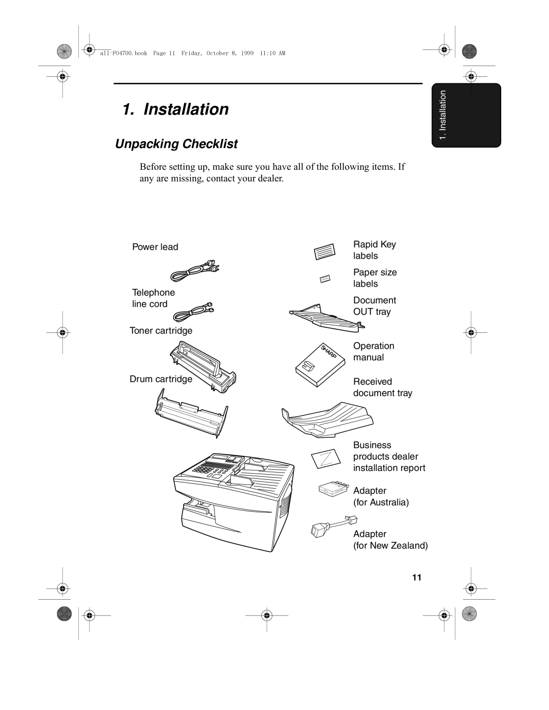 Sharp FO-5700, FO-4700 operation manual Installation, Unpacking Checklist 