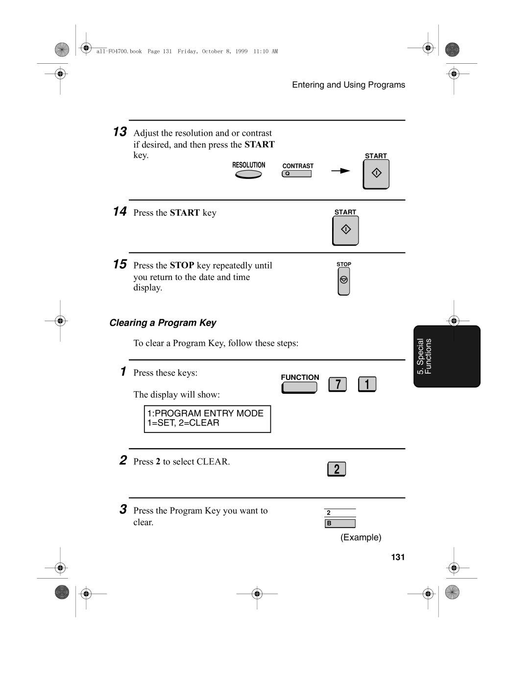 Sharp FO-5700, FO-4700 operation manual Clearing a Program Key, Press the Program Key you want to Clear, 131 