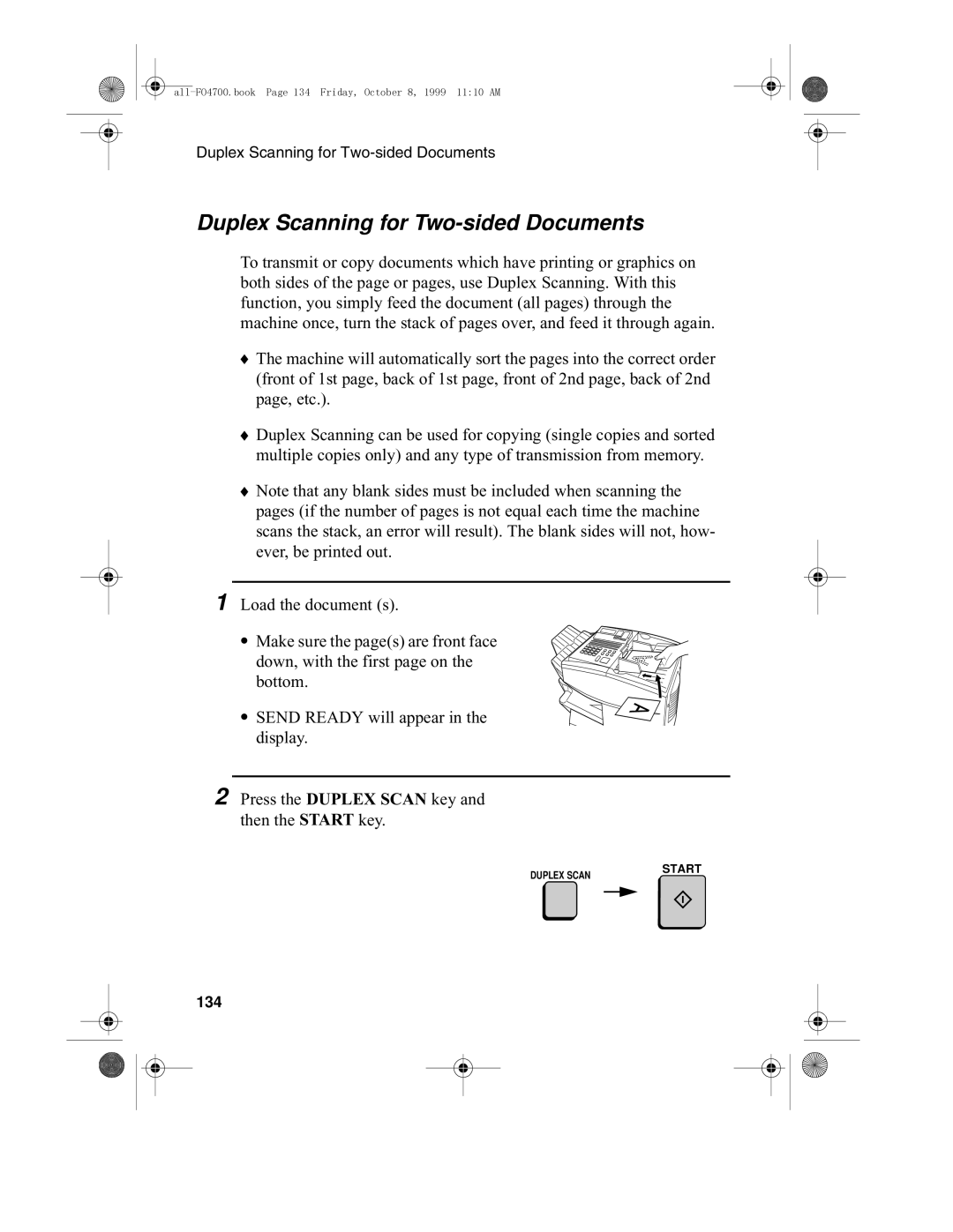 Sharp FO-4700, FO-5700 operation manual Duplex Scanning for Two-sided Documents, 134 