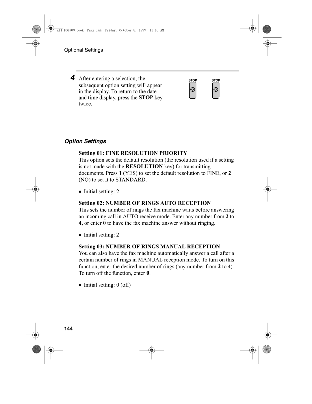 Sharp FO-4700 Option Settings, Setting 01 Fine Resolution Priority, Setting 02 Number of Rings Auto Reception, 144 