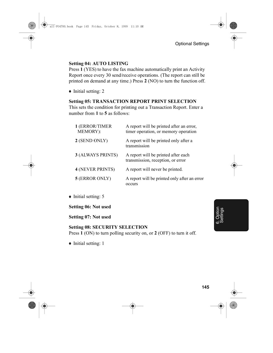 Sharp FO-5700, FO-4700 operation manual Setting 04 Auto Listing, Setting 05 Transaction Report Print Selection, 145 