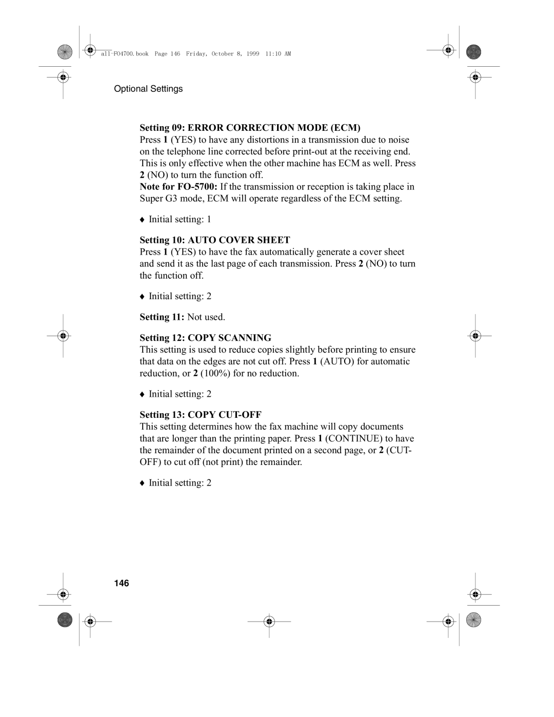 Sharp FO-4700, FO-5700 Setting 09 Error Correction Mode ECM, Setting 10 Auto Cover Sheet, Setting 13 Copy CUT-OFF, 146 