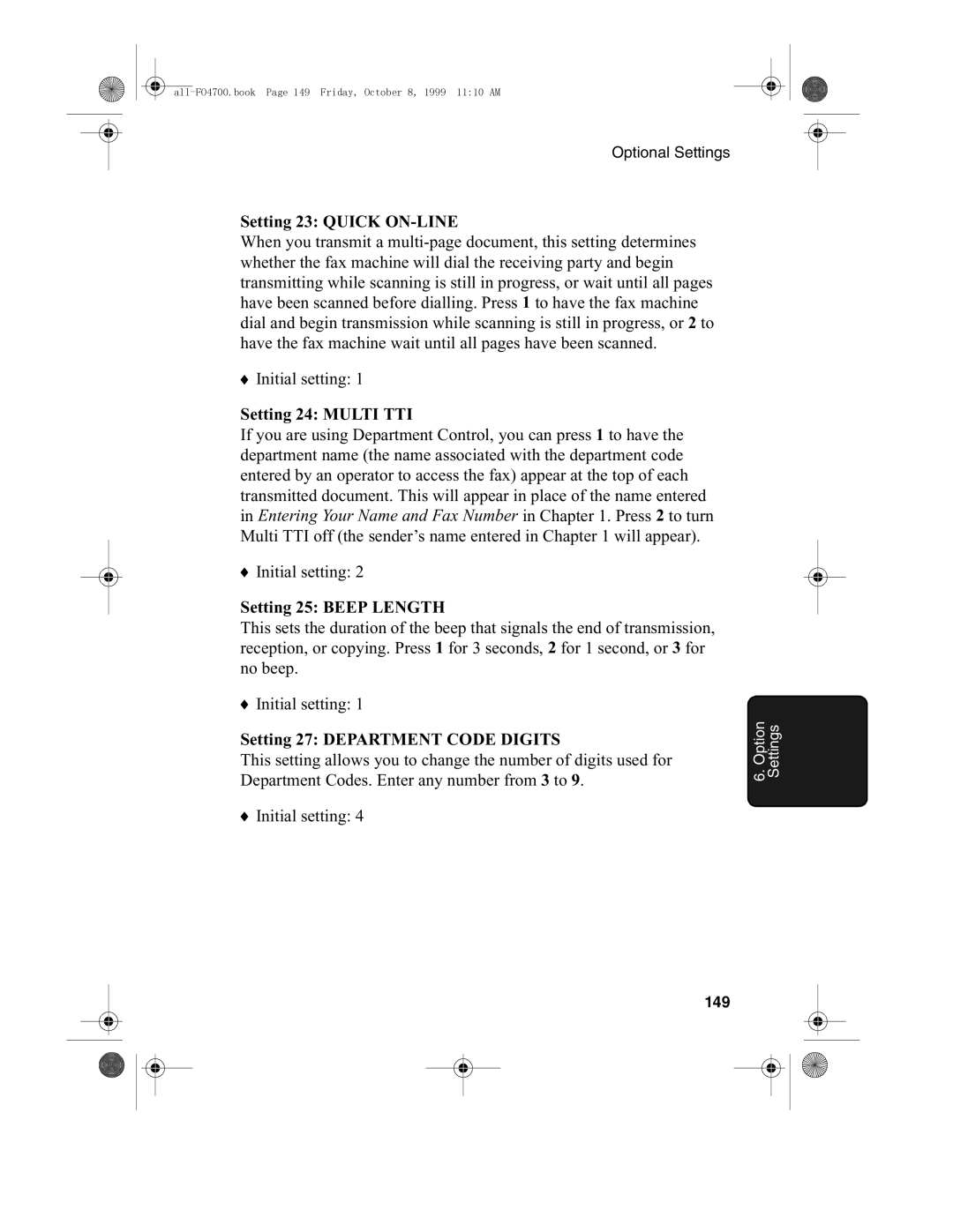 Sharp FO-5700 Setting 23 Quick ON-LINE, Setting 24 Multi TTI, Setting 25 Beep Length, Setting 27 Department Code Digits 