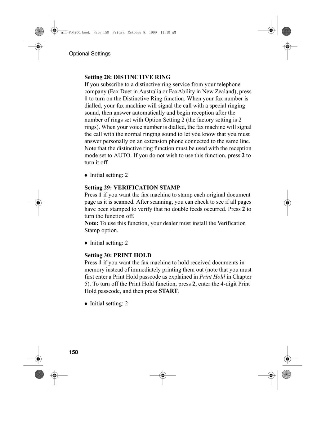 Sharp FO-4700, FO-5700 Setting 28 Distinctive Ring, Setting 29 Verification Stamp, Setting 30 Print Hold, 150 