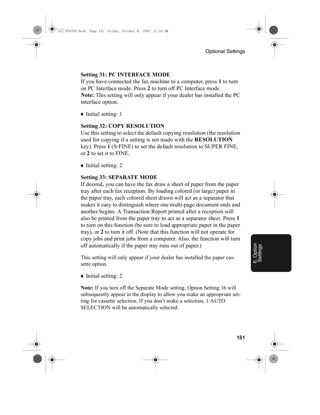 Sharp FO-5700, FO-4700 Setting 31 PC Interface Mode, Setting 32 Copy Resolution, Setting 33 Separate Mode, 151 