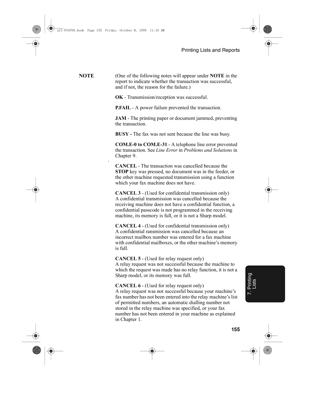 Sharp FO-5700, FO-4700 operation manual Transaction. See Line Error in Problems and Solutions, 155 