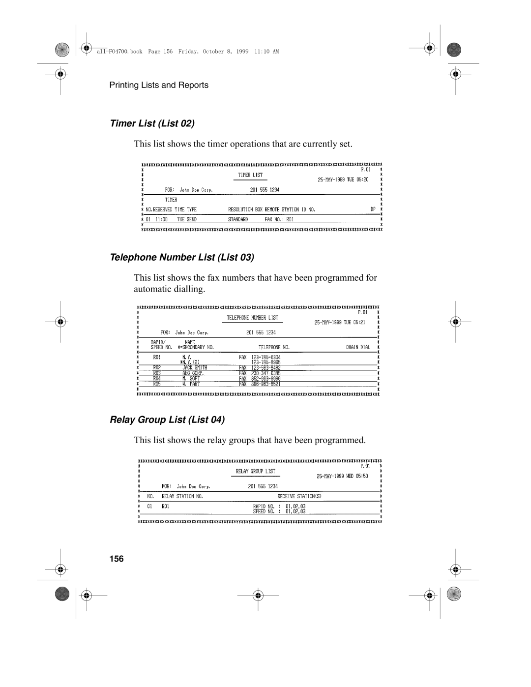 Sharp FO-4700, FO-5700 operation manual Timer List List, Telephone Number List List, Relay Group List List, 156 