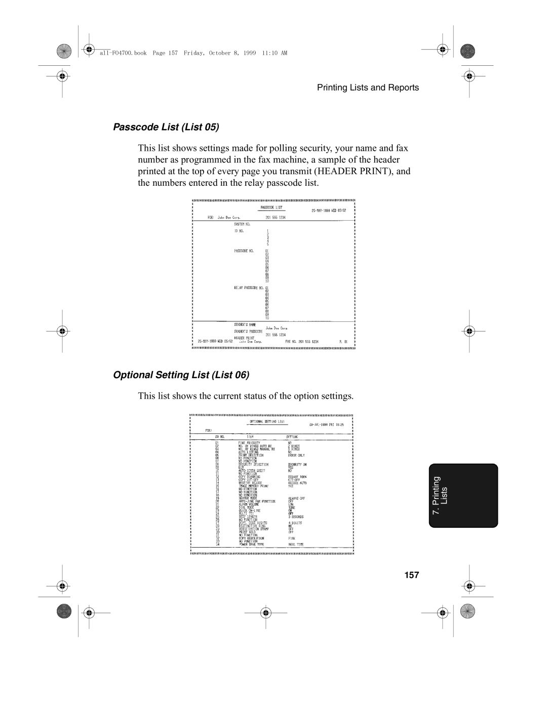 Sharp FO-5700, FO-4700 operation manual Passcode List List, Optional Setting List List, 157 