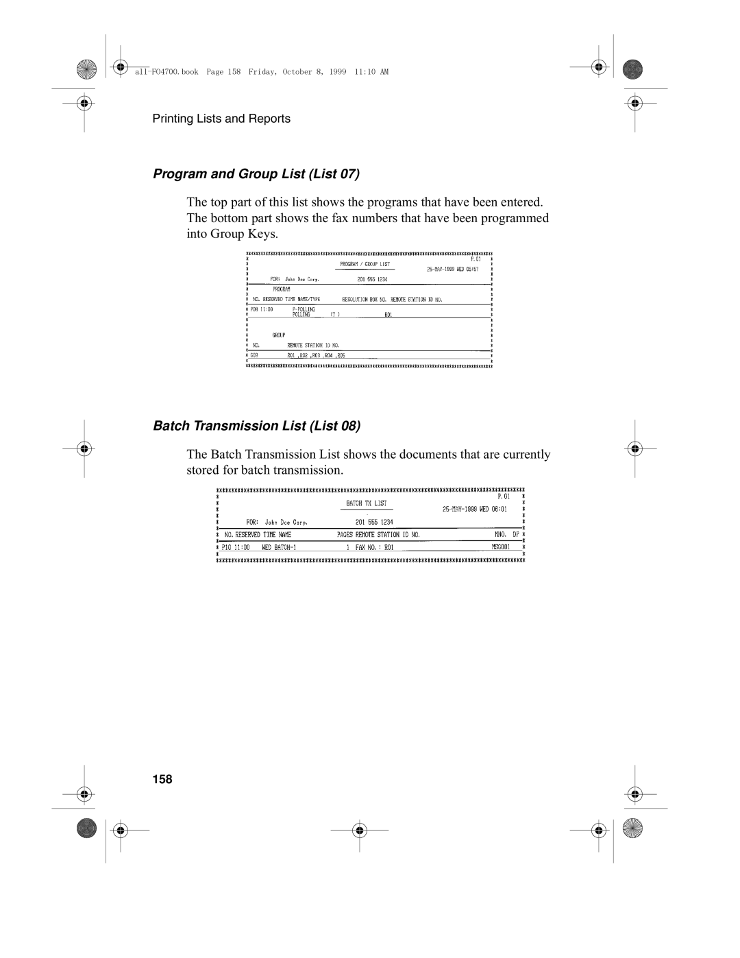 Sharp FO-4700, FO-5700 operation manual Program and Group List List, Batch Transmission List List, 158 